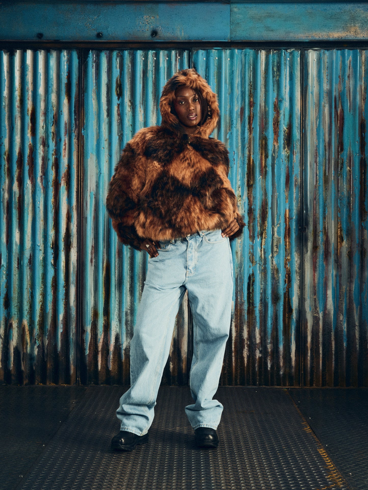 DIAMOND HOODED FUR JACKET [BROWN]
